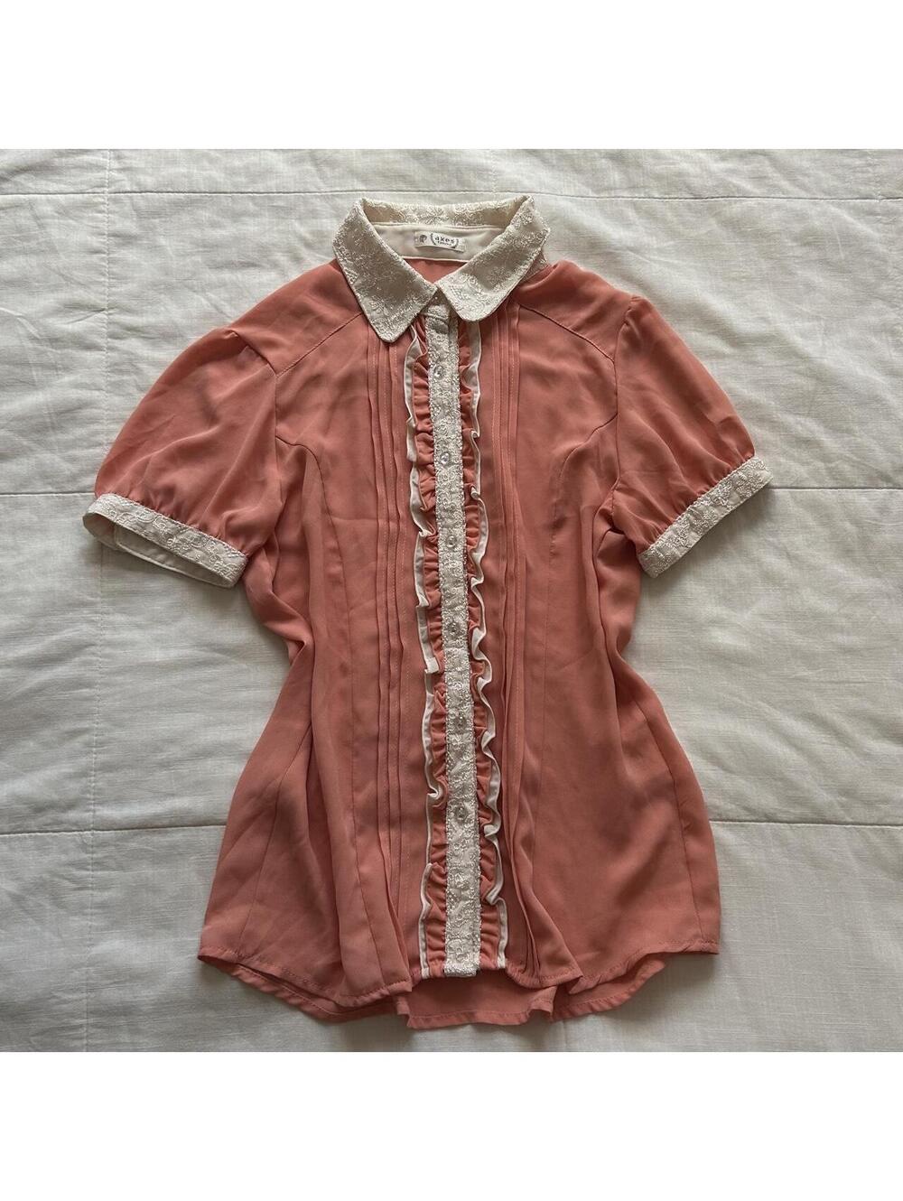 Axes Femme Coral Pink Lace Peter Pan Collar Pintuck Ruffle Blouse M Japan